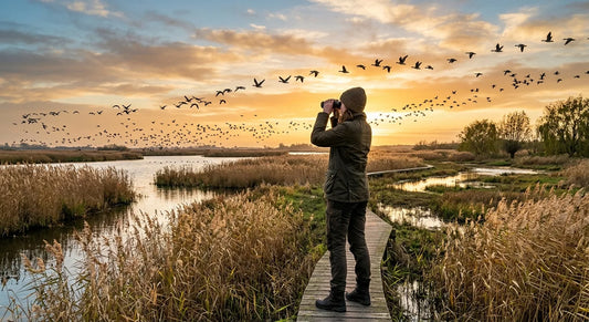 Birdwatcher with binoculars in a Dutch wetland at sunrise