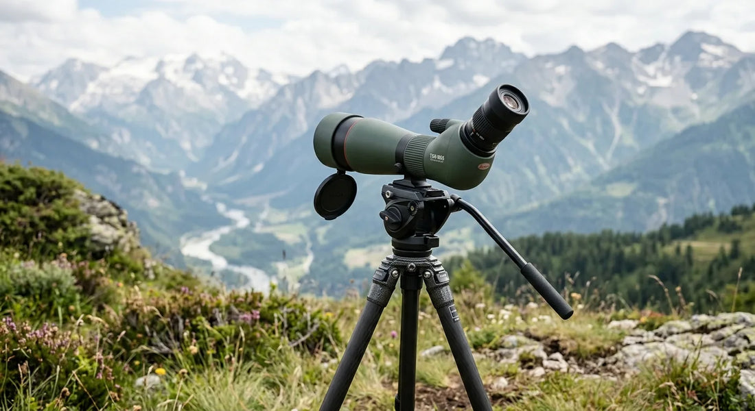 Spotting scope mounted on a tripod overlooking a mountain landscape