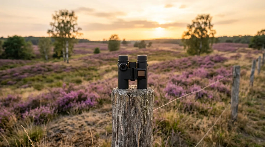 Compact black digital binoculars with camera resting on a wooden post on a heathland at sunset