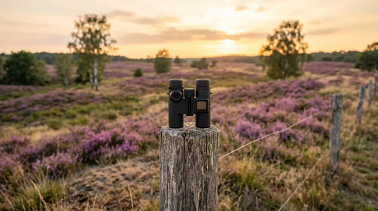 Compact black digital binoculars with camera resting on a wooden post on a heathland at sunset